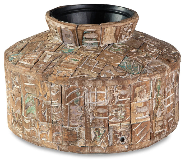 Meltland vase, round textured earth-tone ceramic with carved geometric pattern
