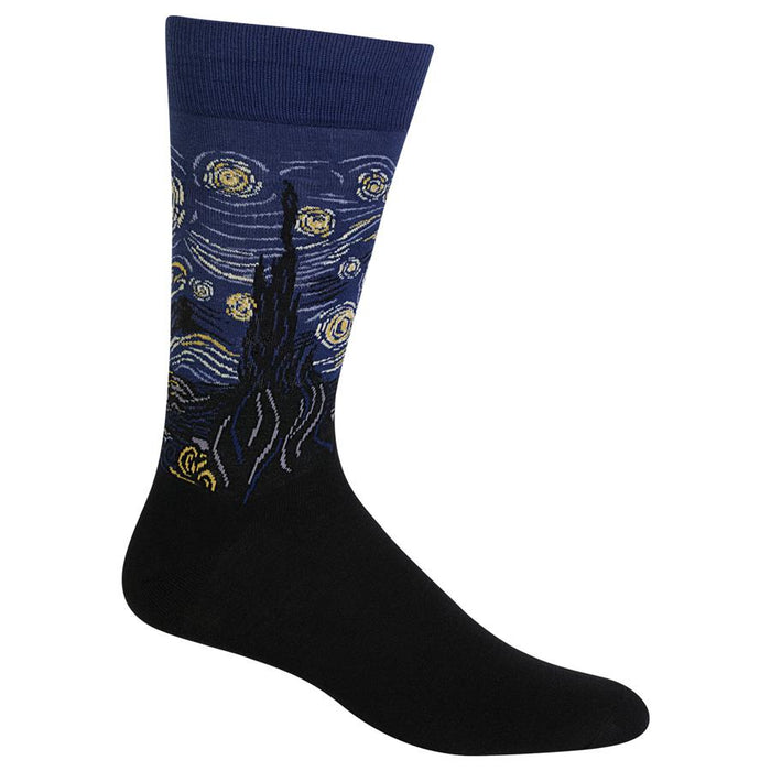 A black sock with a reproduction of Van Gogh's Starry Night painting on the upper part.