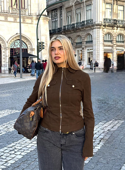 Kelehan Long Sleeve Zip Front Jacket Stonewashed Brown