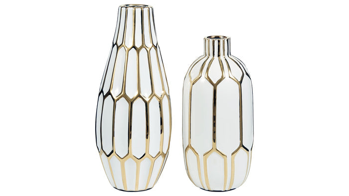 Set of 2 ceramic vases with gold geometric ridges, white with tall rounded shapes