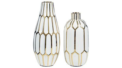 Set of 2 ceramic vases with gold geometric ridges, white with tall rounded shapes
