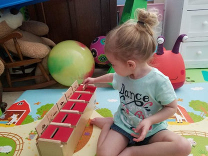 Toddler sitting on a colorful play mat, placing wooden cards into a sorting box with labeled slots.