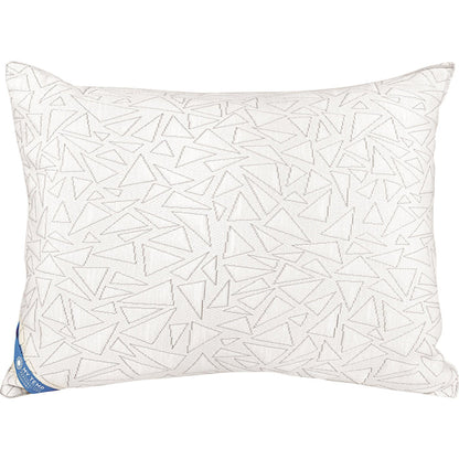 White cooling pillow with geometric pattern, rectangular shape and blue corner tag