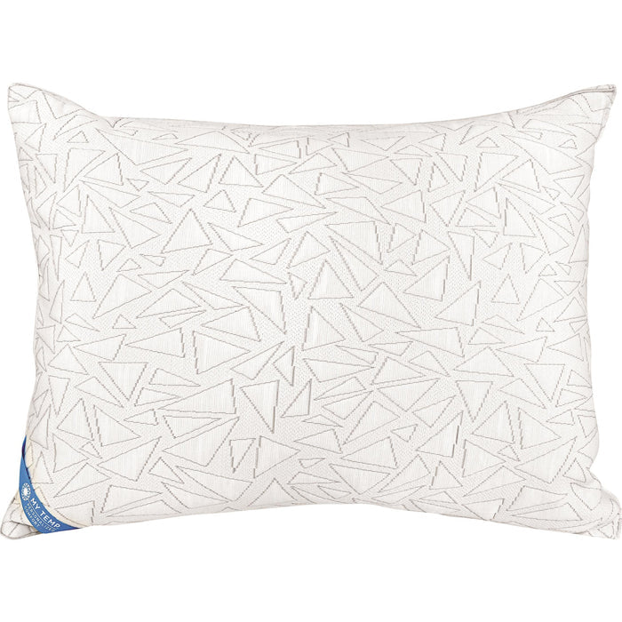 White cooling pillow with geometric pattern, stitched edges, rectangular shape
