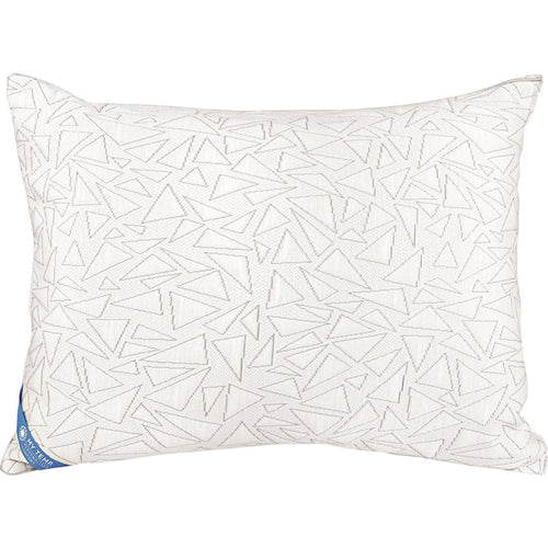 White cooling pillow with geometric pattern, stitched edges, rectangular shape