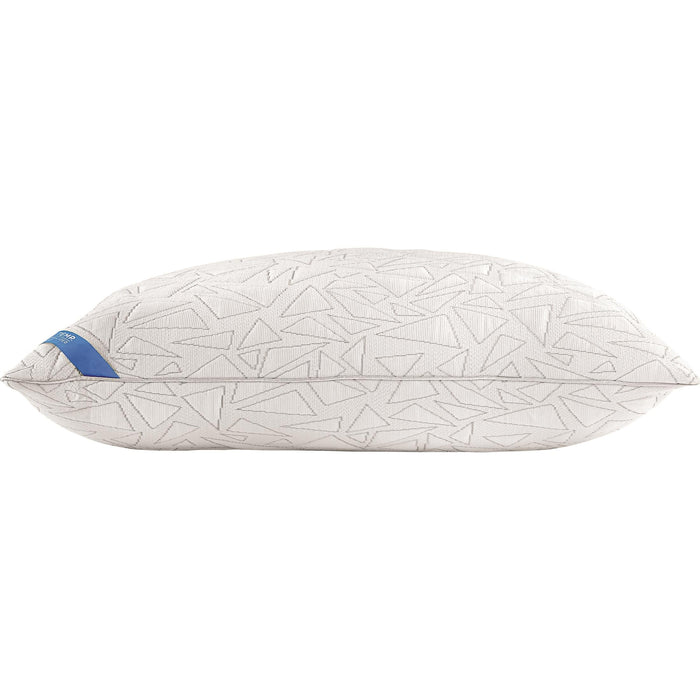 White cooling pillow with all-over geometric pattern, side profile view