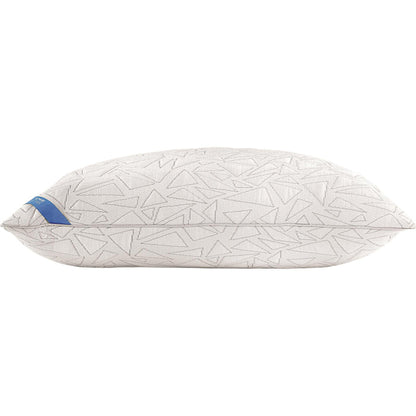 White cooling pillow with all-over geometric pattern, side profile view