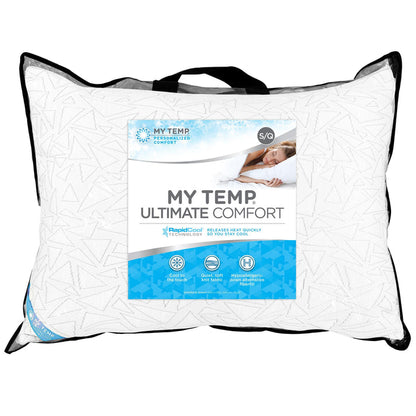 White cooling pillow with geometric pattern and MY TEMP label on front