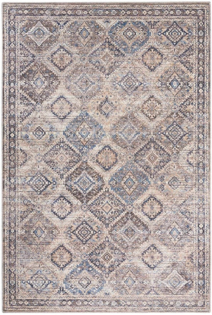 Washable 2'2" x 8' area rug with blue and beige diamond medallion pattern