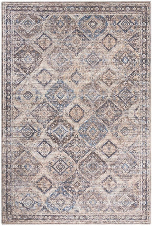 Washable 2'2" x 8' area rug with blue and beige diamond medallion pattern