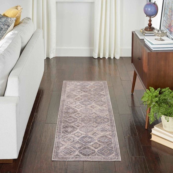 Blue and beige washable 2'2" x 8' rug laid on hardwood floor in living room