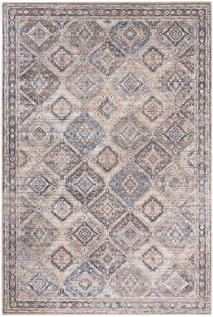 Washable area rug with beige base and blue geometric medallion pattern, bordered edge