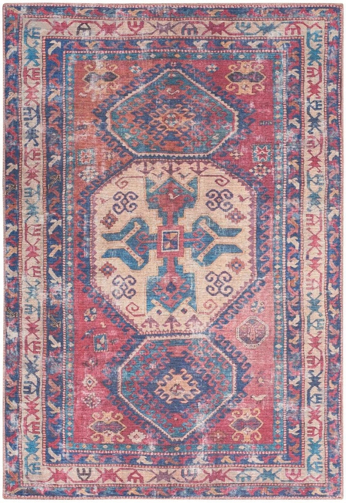 Washable vintage-style area rug with red, blue, and beige geometric medallion pattern