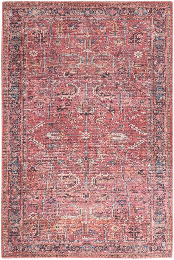 Nc1 washable area rug, 5'3" x 7'3", red with blue and cream geometric patterns