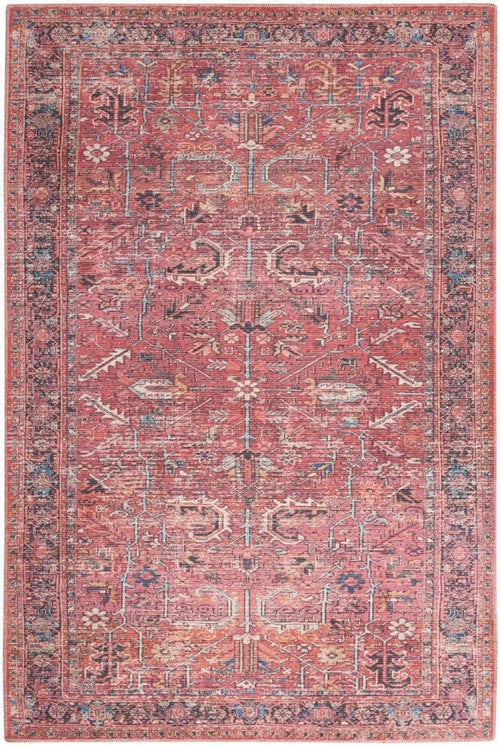 Nc1 washable area rug, 5'3" x 7'3", red with blue and cream geometric patterns