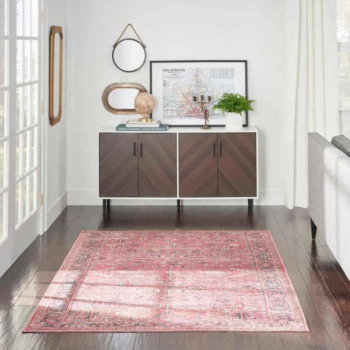 Rectangular Nc1 washable area rug, red and cream with blue ornate motif pattern