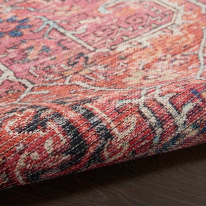 Nc1 washable area rug textured edge, red with cream and blue woven pattern