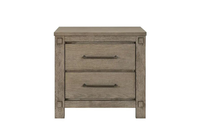Gray wood nightstand with two drawers and metal bar pulls