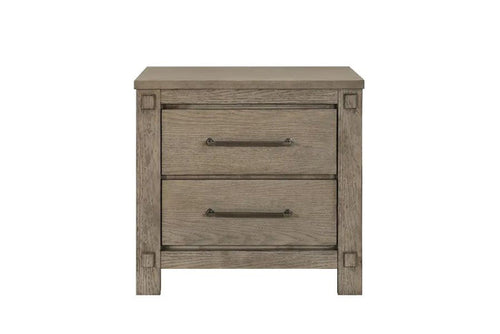Gray wood nightstand with two drawers and metal bar pulls