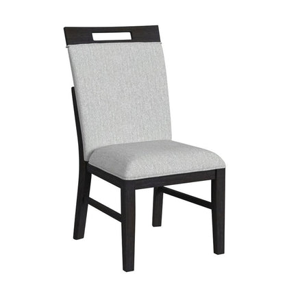 Gray upholstered dining chair with dark wood frame, square back cutout, straight legs