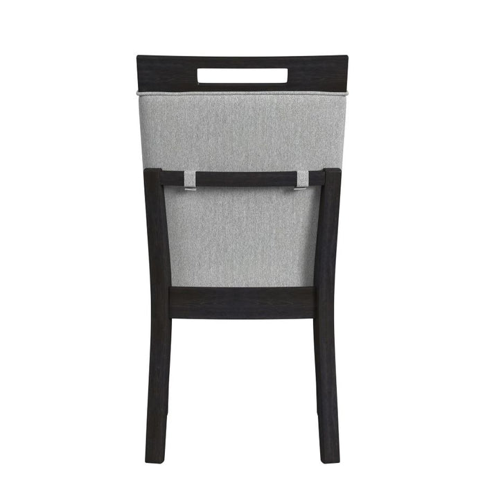 Gray upholstered dining chair with dark wood frame and top back panel, front view