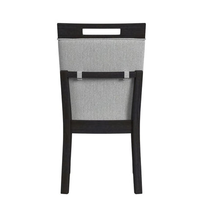 Gray upholstered dining chair with dark wood frame and top back panel, front view