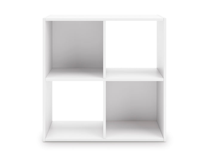 White cube storage organizer with 2x2 open compartments and 6 total cubbies