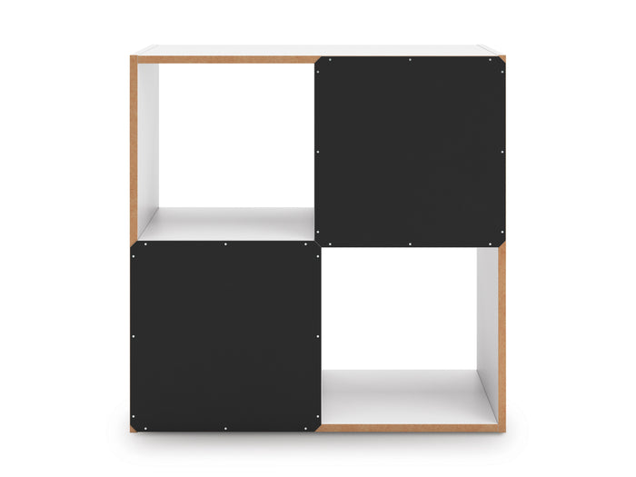 Wood-and-black cube organizer with 3 open compartments per side and riveted corners