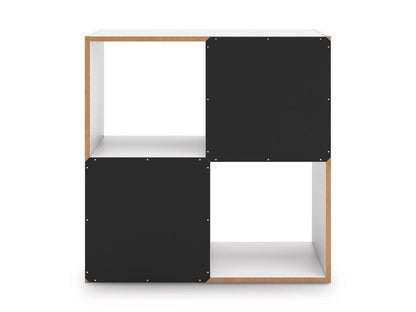 Wood-and-black cube organizer with 3 open compartments per side and riveted corners