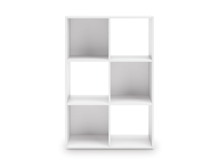 White cube storage organizer with 6 open cubbies in a vertical 2x3 layout