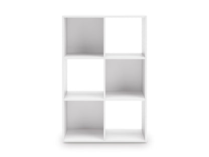 White cube storage organizer with 6 open cubbies in a vertical 2x3 layout