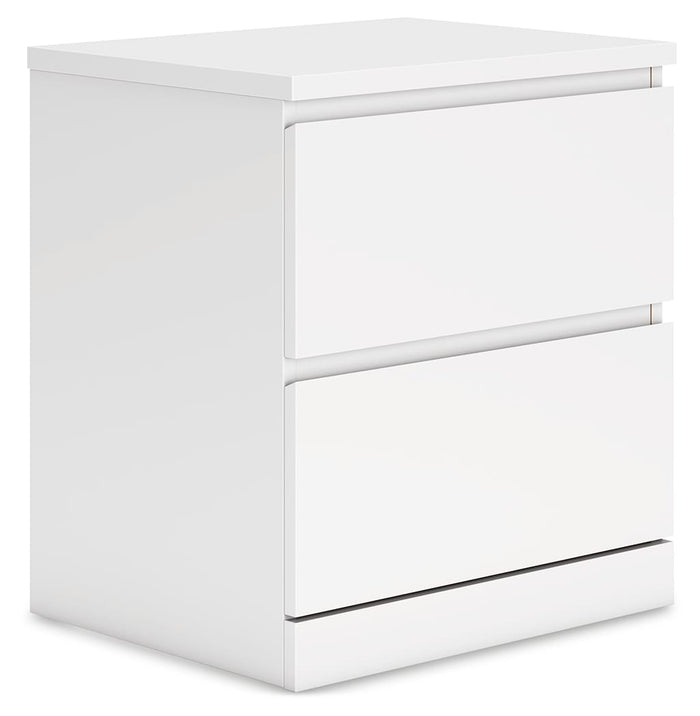White nightstand with two drawers and slim metal bar pulls