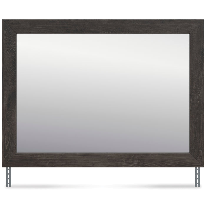 Dark wood-framed rectangle mirror with two bottom support legs