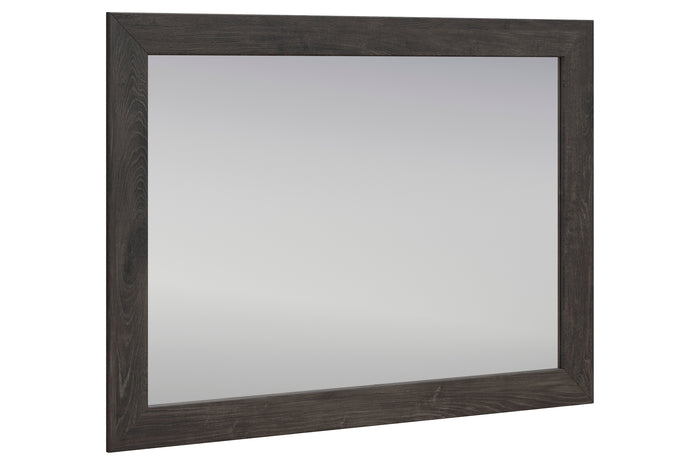 Dark wood-framed rectangle mirror with reflective glass and wide border