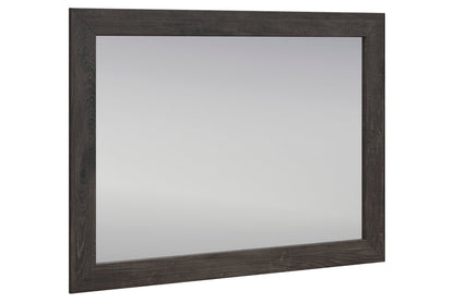 Dark wood-framed rectangle mirror with reflective glass and wide border