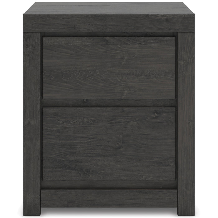 Dark gray nightstand with two stacked drawer fronts, handleless design