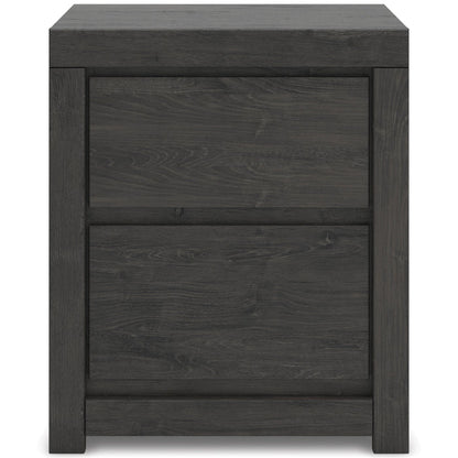 Dark gray nightstand with two stacked drawer fronts, handleless design