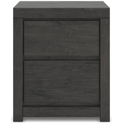 Dark gray nightstand with two stacked drawer fronts, handleless design