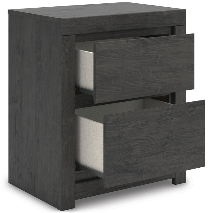 Dark gray nightstand with two open drawers showing light-colored interiors