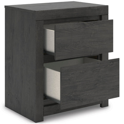 Dark gray nightstand with two open drawers showing light-colored interiors
