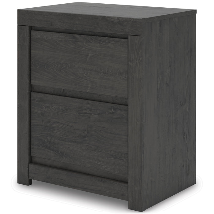 Dark gray nightstand with two stacked drawers and squared legs