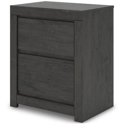 Dark gray nightstand with two stacked drawers and squared legs