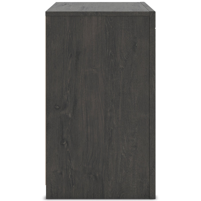Dark gray nightstand cabinet side panel with woodgrain finish