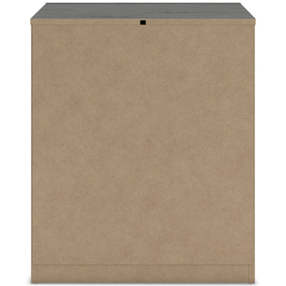 Nightstand back panel in tan fiberboard with small black fastener at top