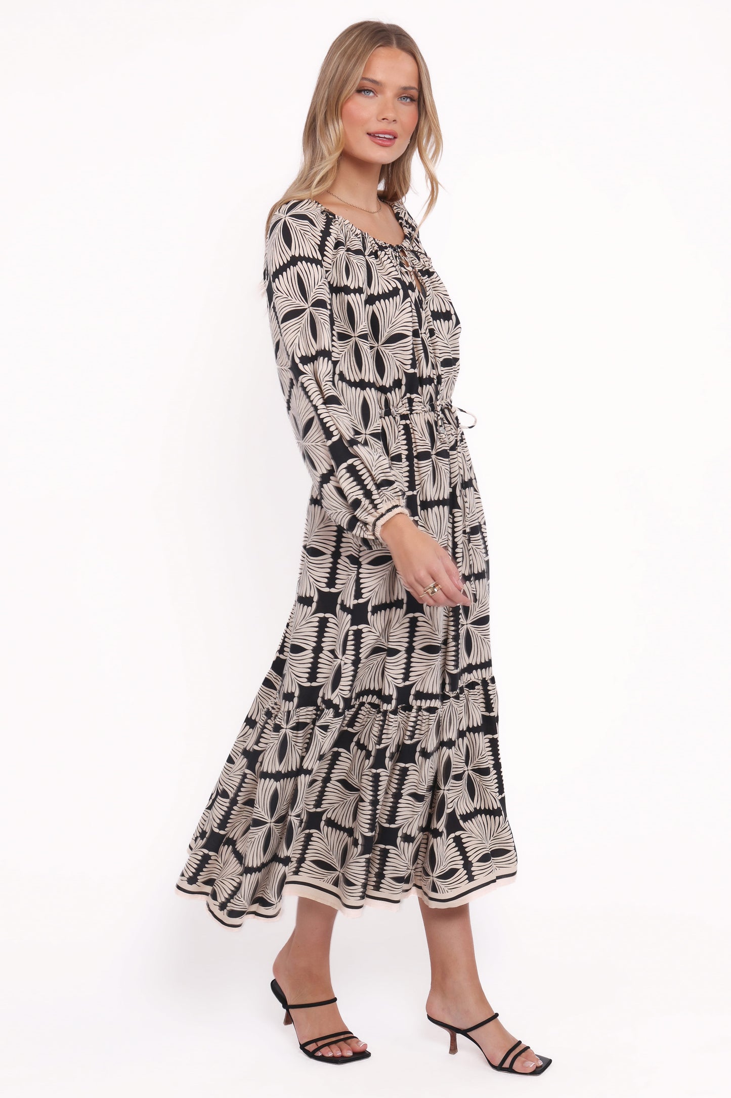 Faris Off Shoulder Midi Dress - Black Geo