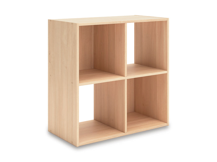 Light tan cube storage organizer cabinet with 6 open cubby compartments, side view