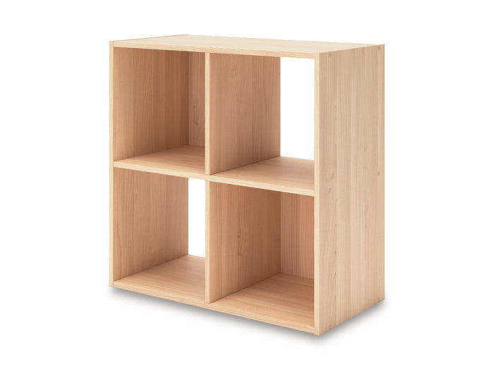 Light tan 6-cubby cube storage organizer, angled view showing open grid shelves