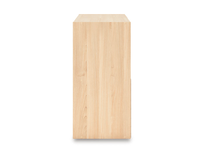 Light tan vertical cube organizer storage unit with square open cubbies, rear view