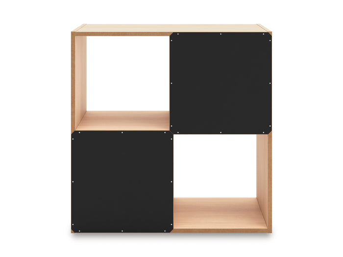 Charcoal and light tan cube organizer with 4 open cubbies and black panel doors