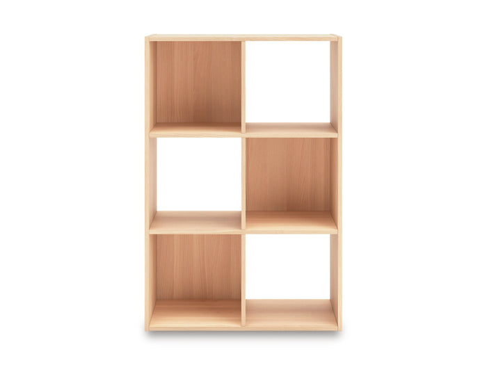 Light tan cube storage organizer with 6 open compartments, front view